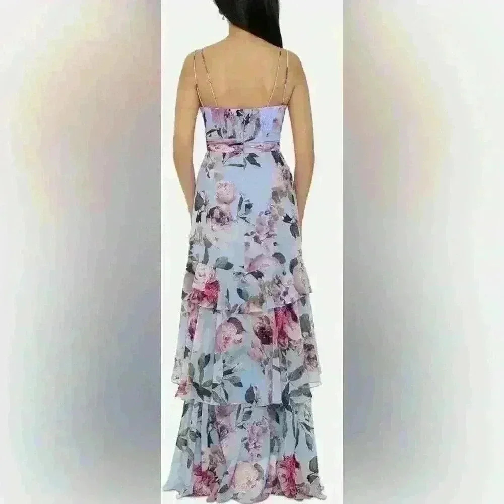 XSCAPE Floral-Print Ruffled High-Low Sleeveless Gown Size 2 - Picture 2 of 14